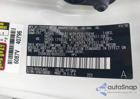 2011 Toyota Sienna Limited V6 z USA, uszkodzony, nr VIN 5TDYK3DC1BS093503